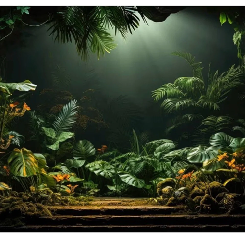 Riivvdise Rainforest aquarium background green brown tropical palm leaves NWT